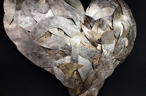 Silver-Plated Copper Brass Heart Vintage Upcycled Layered Patchwork Large Wall Art