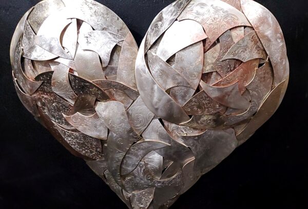 Silver-Plated Copper Brass Heart Vintage Upcycled Layered Patchwork Large Wall Art