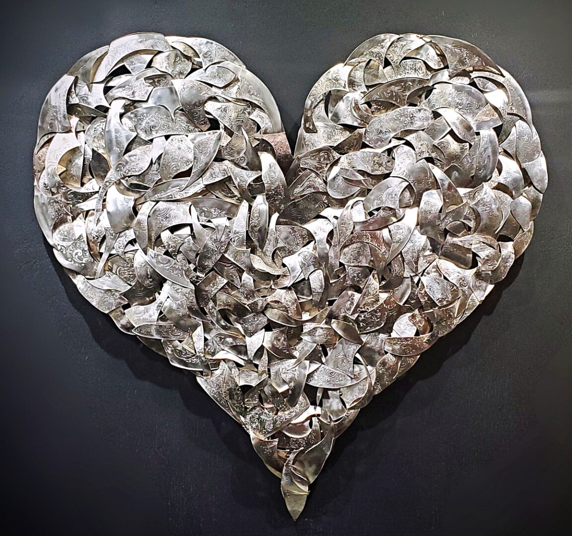 Silver-Plated Copper Brass Heart Vintage Upcycled Layered Patchwork Large Wall Art