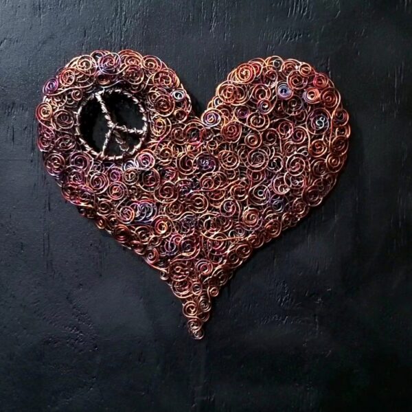 Copper Wire Peace Sign Coil Heart Wall Art Sculpture Flame