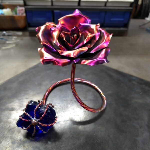 Infinity Copper Rose Sculpture Glass Crystal Flame Finish Refreshing Art Studio