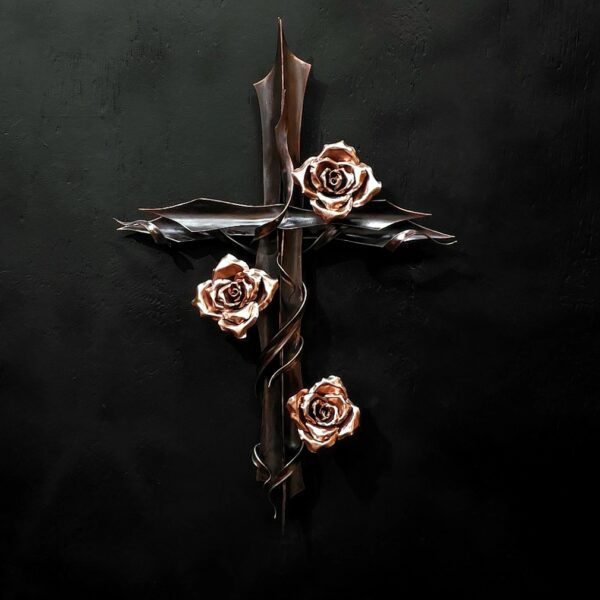 Serenity Copper Cross with Roses Wall Art Metal Antique Bright Finish Door Hanging Refreshing Art Studio