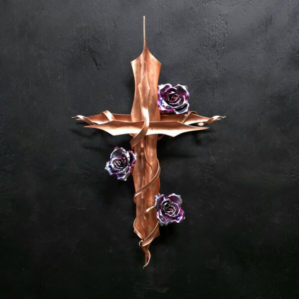 Serenity Copper Cross with Roses Wall Art Metal Bright Blue Flame Finish Door Hanging Refreshing Art Studio
