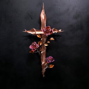 Copper Cross with Roses Bright Copper Flame Finish Wall Art Sculpture Door Hanging Refreshing Art Studio