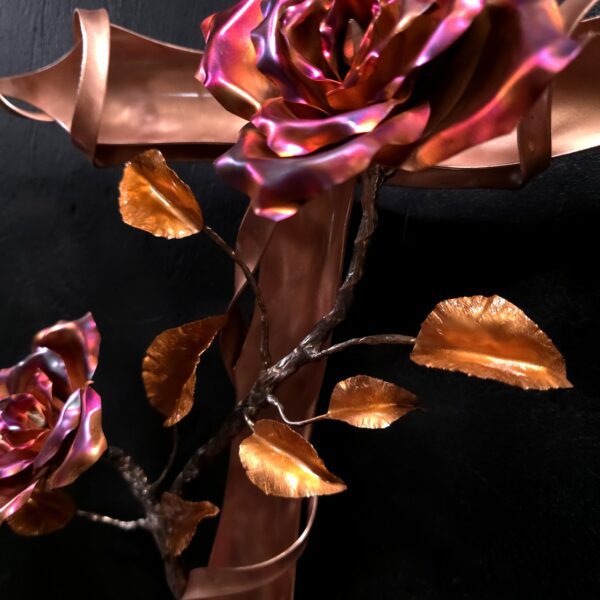 Copper Cross with Roses Bright Copper Flame Finish Wall Art Sculpture Door Hanging Refreshing Art Studio