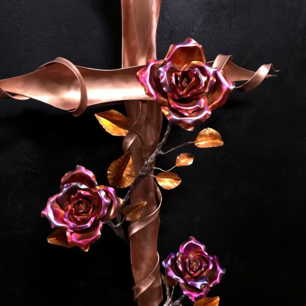Copper Cross with Roses Bright Copper Flame Finish Wall Art Sculpture Door Hanging Refreshing Art Studio