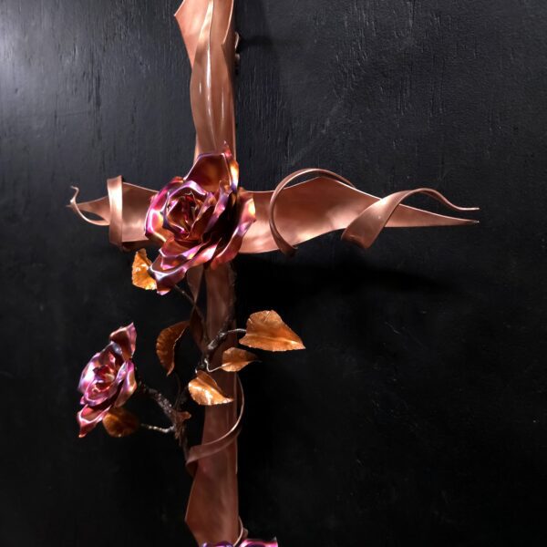 Copper Cross with Roses Bright Copper Flame Finish Wall Art Sculpture Door Hanging Refreshing Art Studio